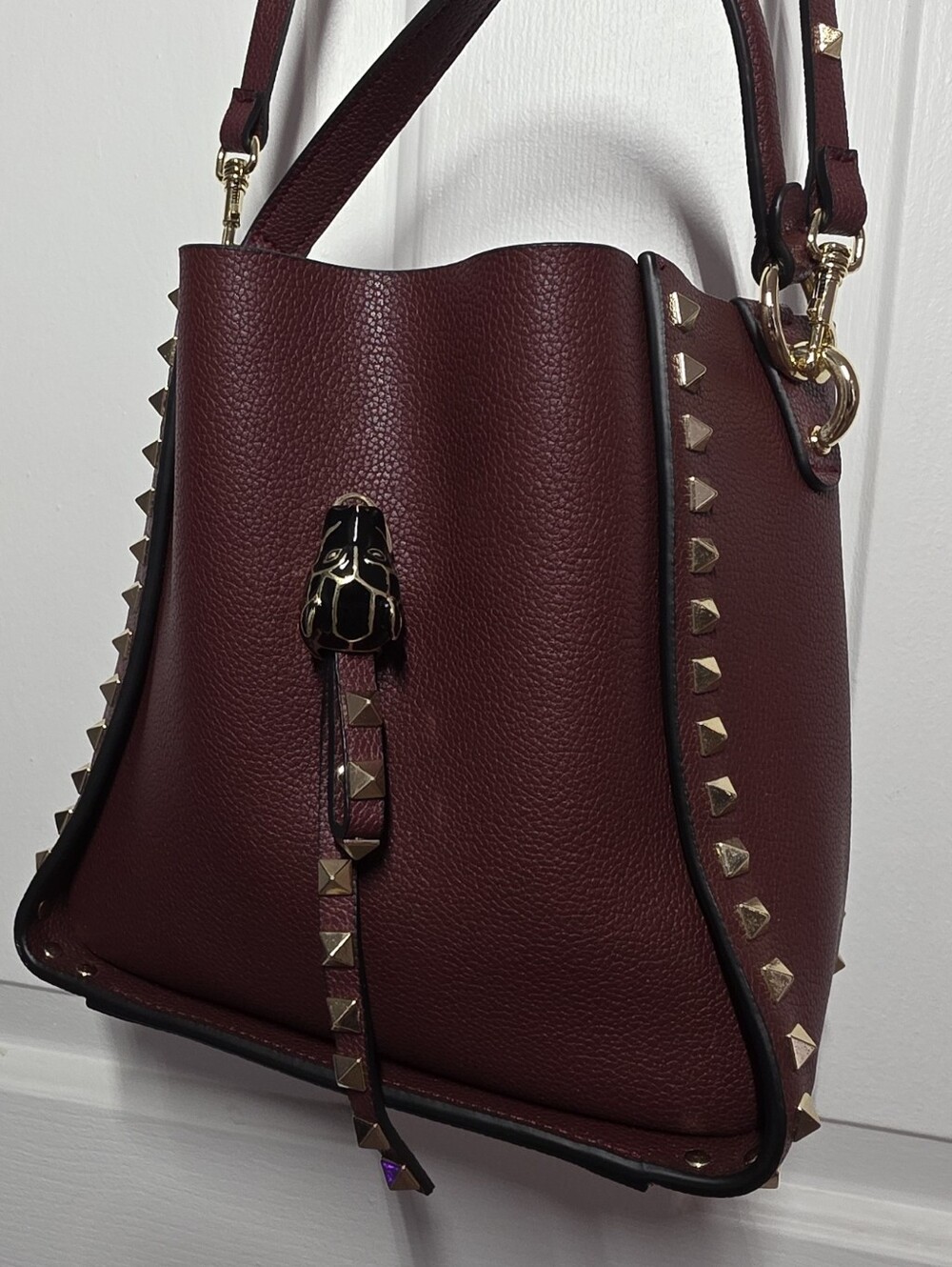 Studded Burgundy Leather Bucket Bag - Picture 5 of 16
